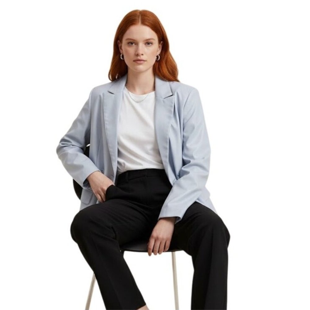 DKNY Double-Breasted Oversized Blue Artic Ice Faux Leather Blazer XS Boyfriend